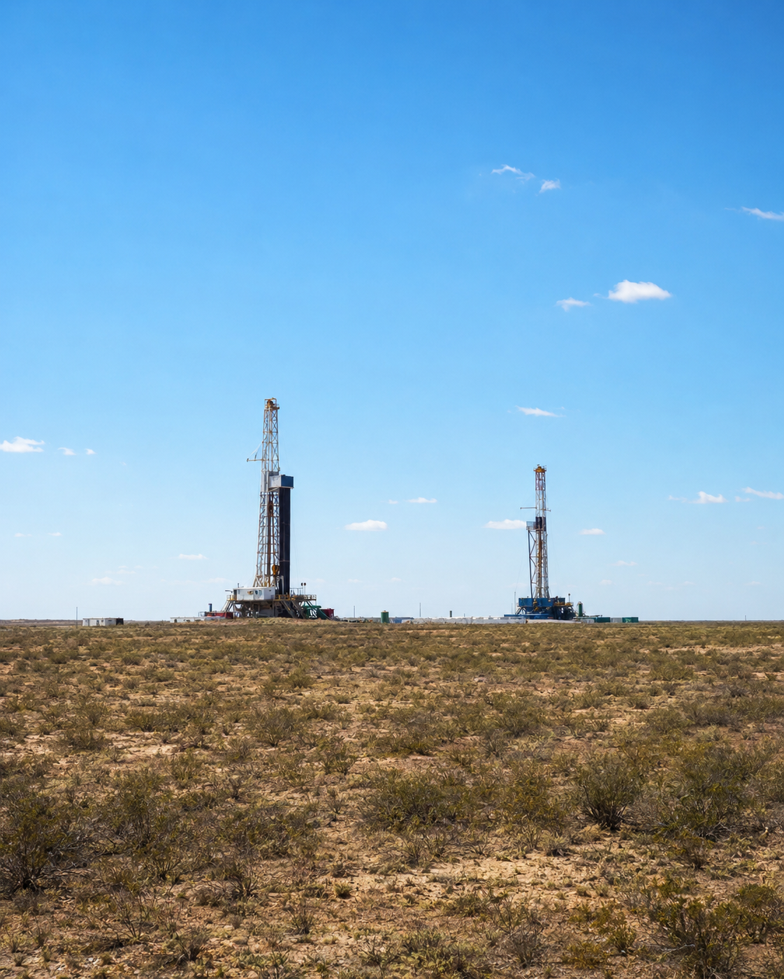 Bright Permian Basin landscape with two drilling rigs on the horizon